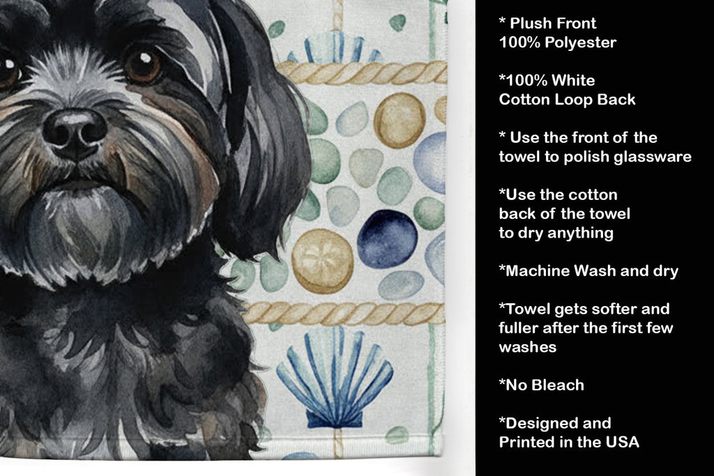 Black Lhasa Apso Coastal Sea Glass Kitchen Towel Velour Plush Front and Cotton Loop Back Machine Washable