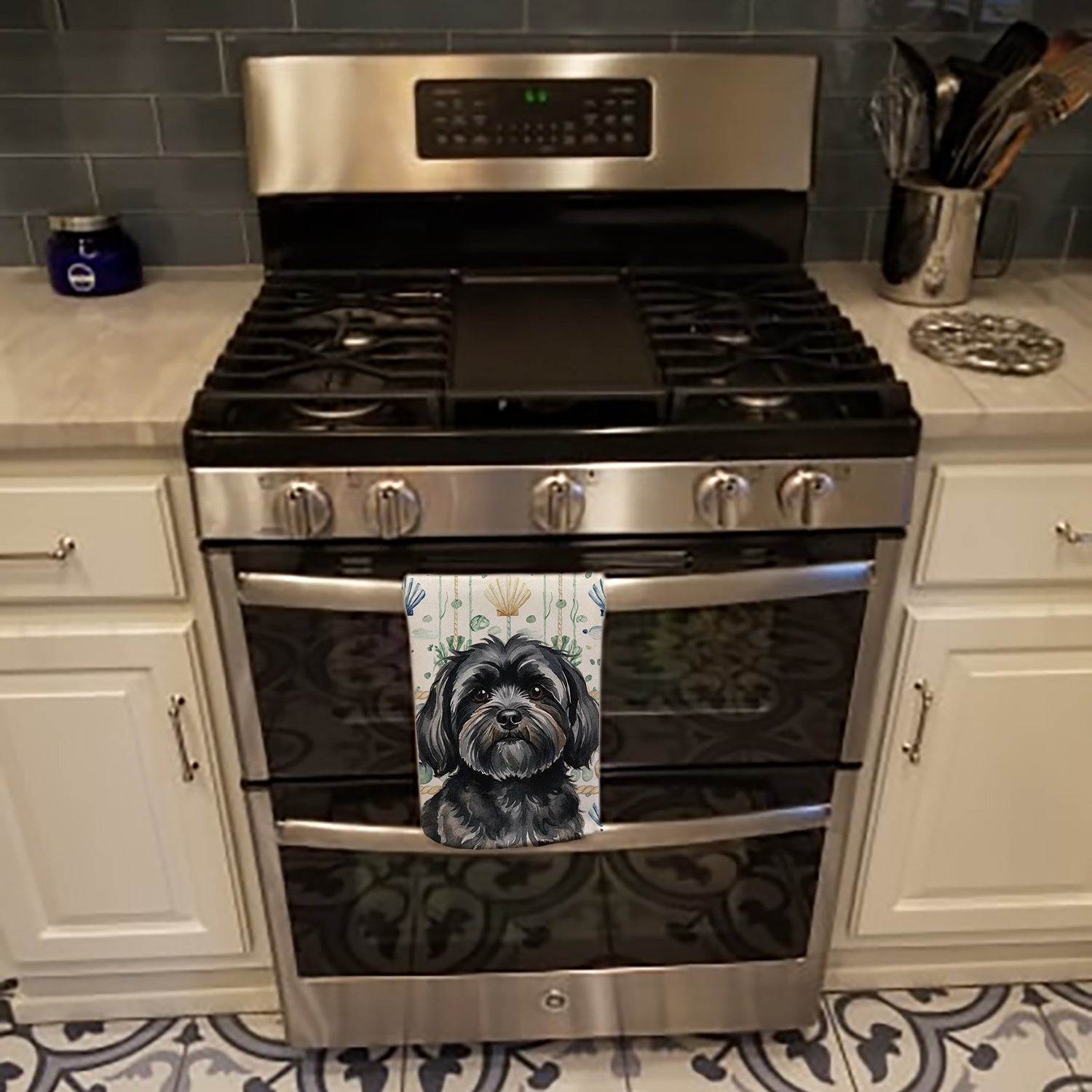 Black Lhasa Apso Coastal Sea Glass Kitchen Towel Velour Plush Front and Cotton Loop Back Machine Washable