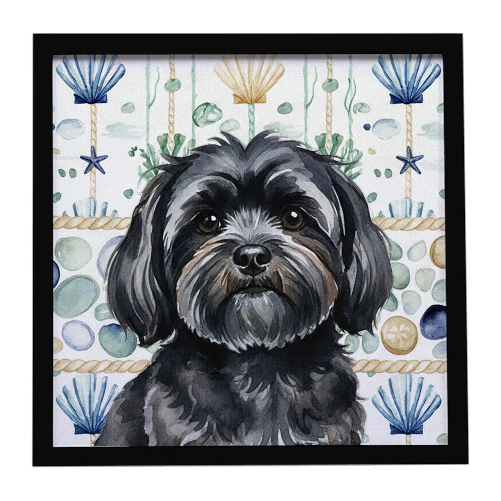 Black Lhasa Apso Coastal Sea Glass Framed Metal Print Bathroom, Kitchen, Office, Home Decor Wall Art Ready to Hang, Square, 8X8
