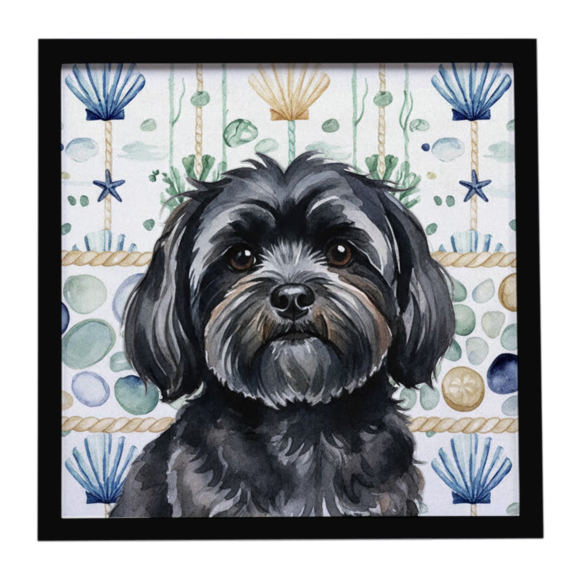 Black Lhasa Apso Coastal Sea Glass Framed Metal Print Bathroom, Kitchen, Office, Home Decor Wall Art Ready to Hang, Square, 8X8