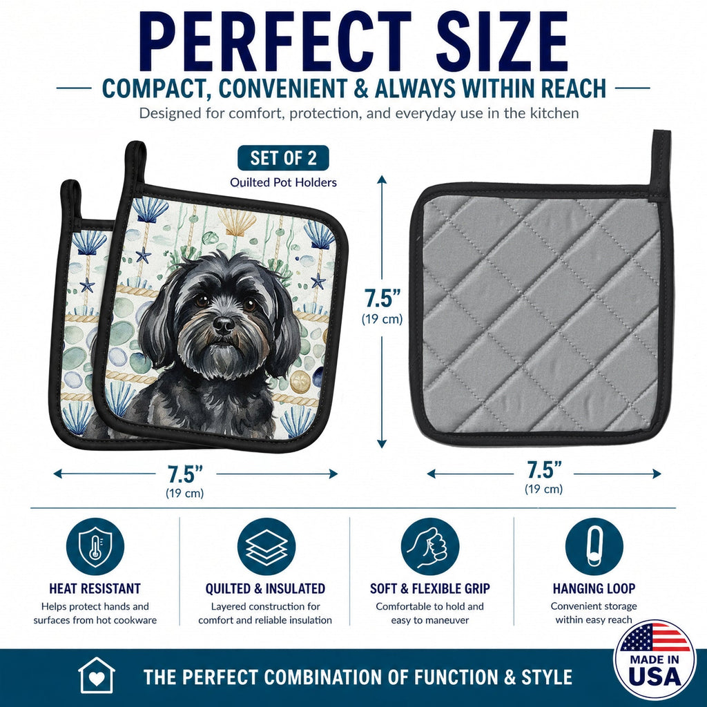 Black Lhasa Apso Coastal Sea Glass Pot Holder Set of 2 Heat Resistant Quilted Hot Pads 7.5 x 7.5 Inch, Insulated Kitchen Trivets for Cooking & Baking