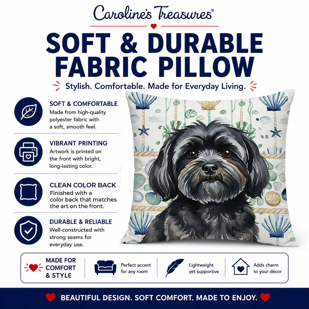 Black Lhasa Apso Coastal Sea Glass Decorative Throw Pillow 18x18 Indoor Outdoor Accent Cushion, Fabric Cover with Insert for Sofa, Bed, Porch & Living Room