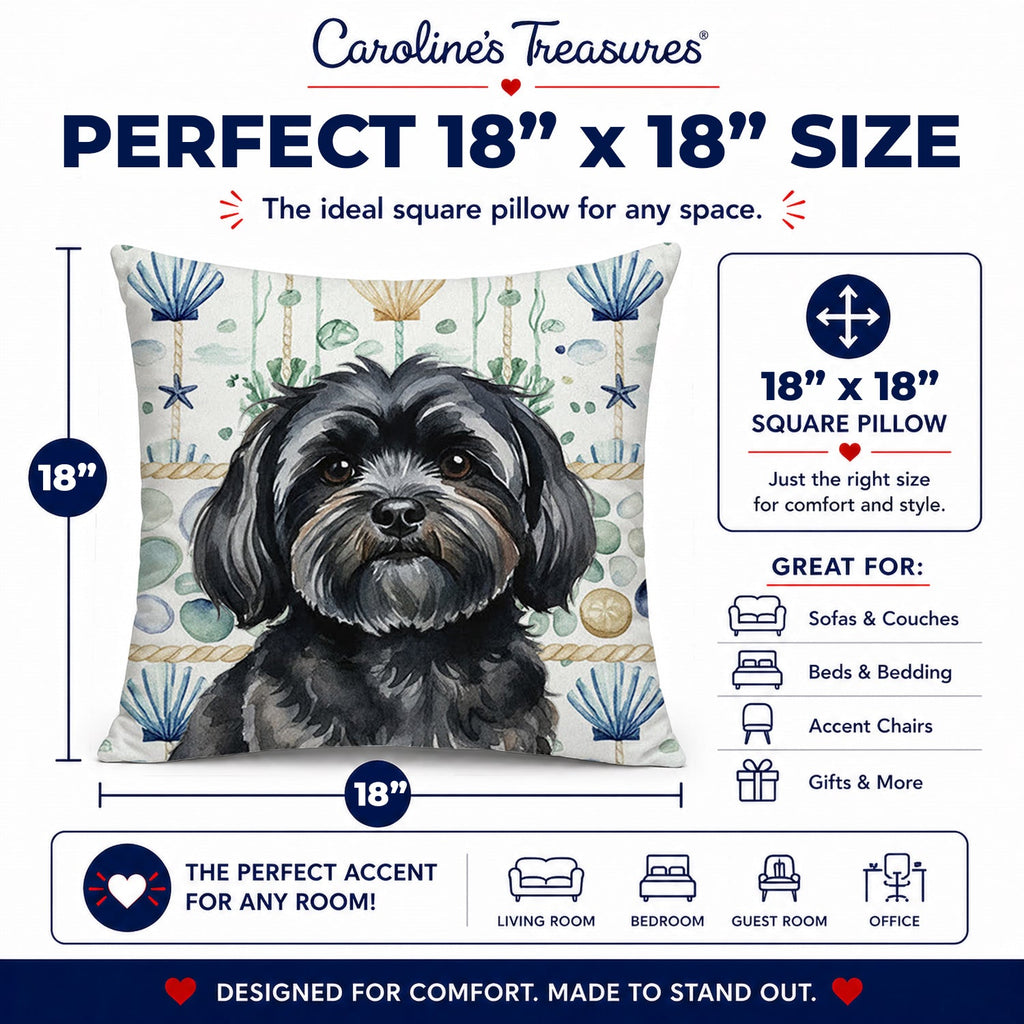Black Lhasa Apso Coastal Sea Glass Decorative Throw Pillow 18x18 Indoor Outdoor Accent Cushion, Fabric Cover with Insert for Sofa, Bed, Porch & Living Room