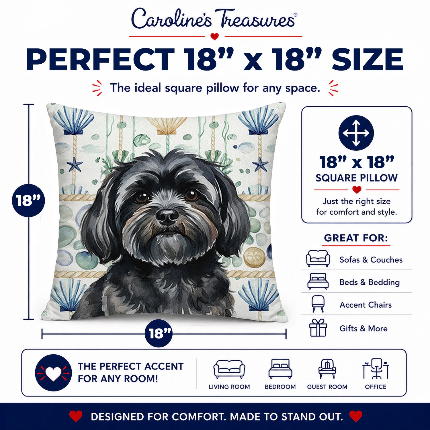 Black Lhasa Apso Coastal Sea Glass Decorative Throw Pillow 18x18 Indoor Outdoor Accent Cushion, Fabric Cover with Insert for Sofa, Bed, Porch & Living Room