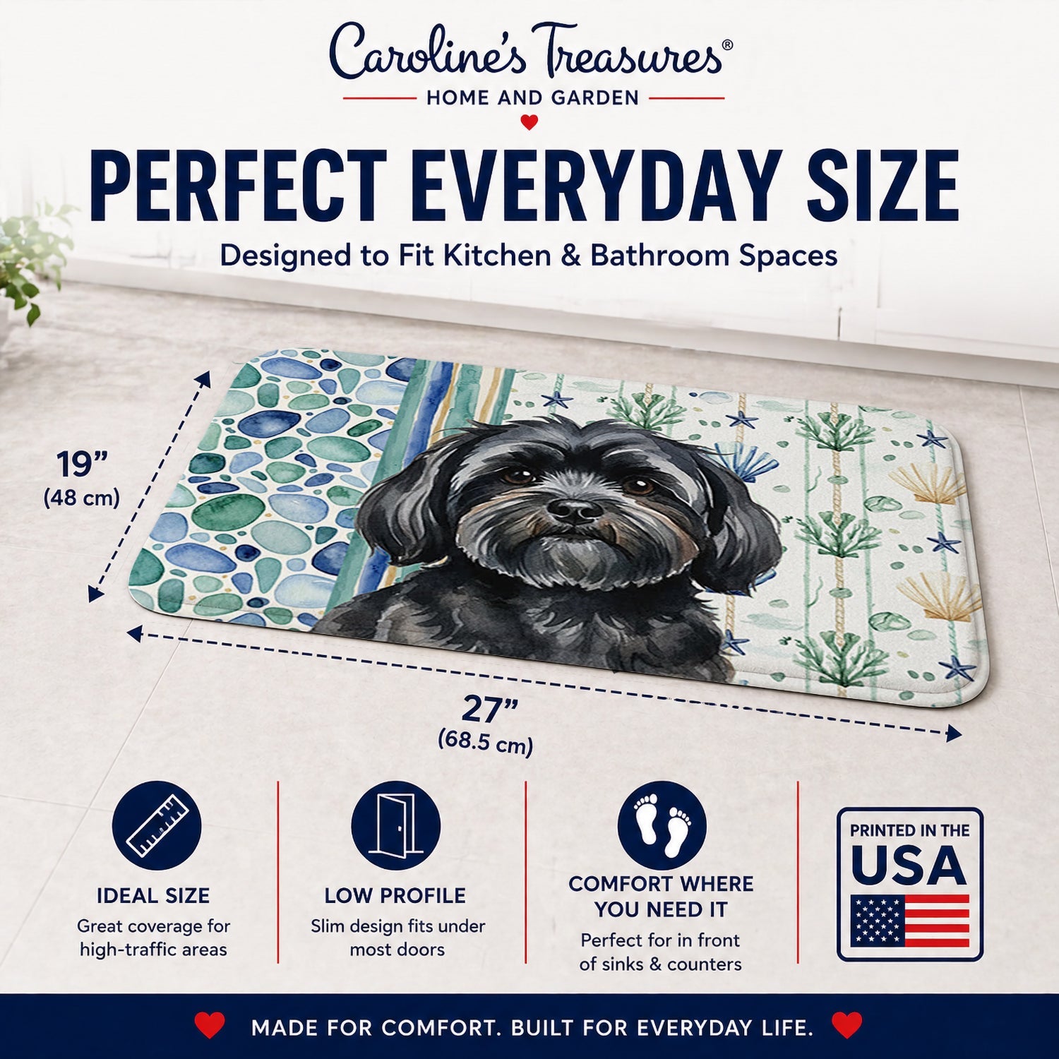 Black Lhasa Apso Coastal Sea Glass Memory Foam Kitchen Mat Machine Washable Anti-Fatigue Cushion Comfort Bath or Kitchen Rug