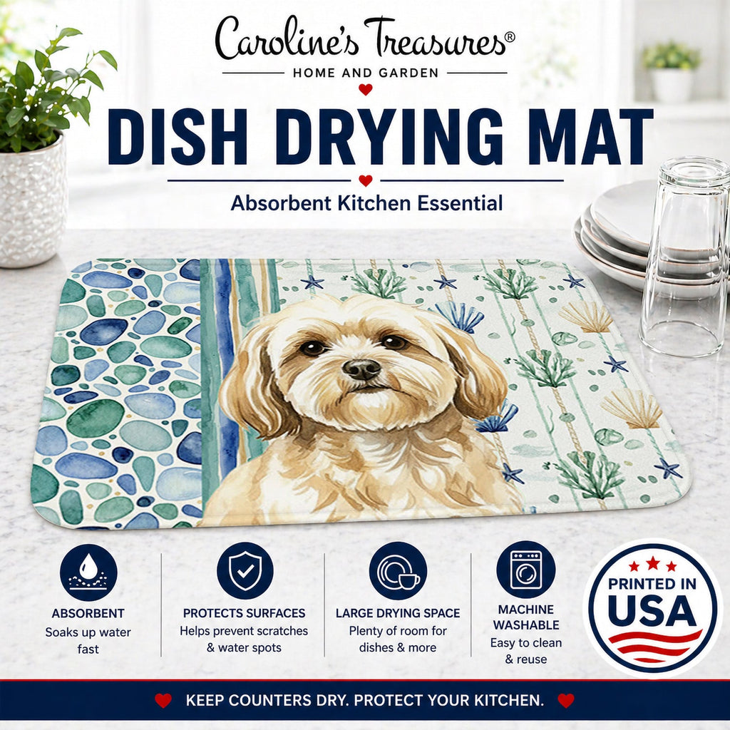 Cream Lhasa Apso Coastal Sea Glass Dish Drying Mat Absorbent Dish Drying Mat Pad for Kitchen Counter Dish Drainer Mat for Countertop, 14 x 21", Multicolor