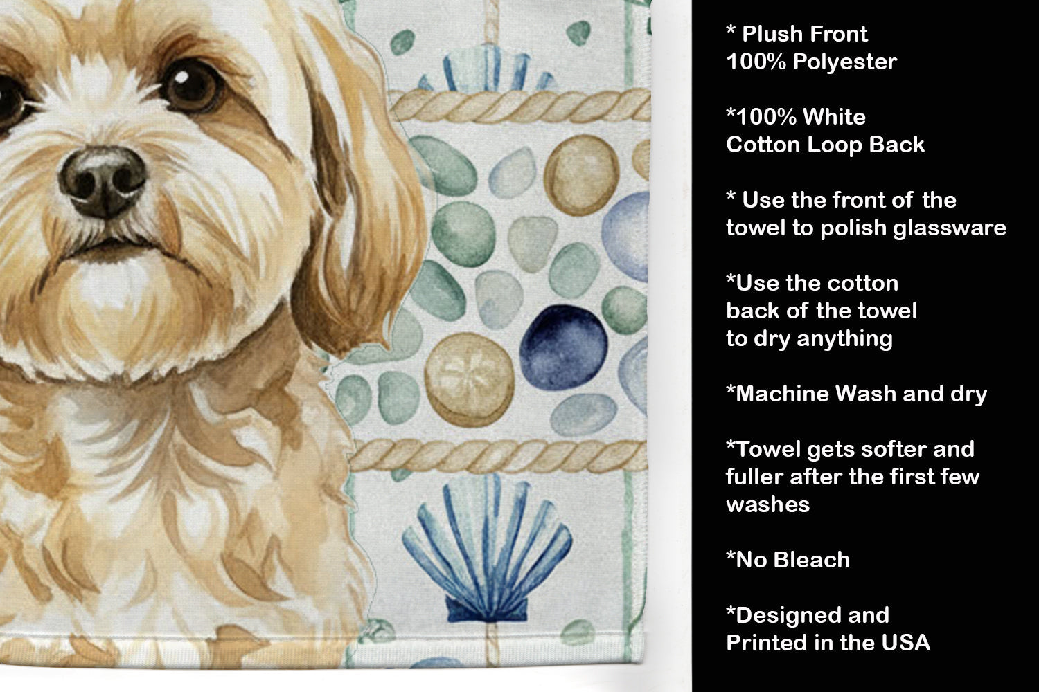 Cream Lhasa Apso Coastal Sea Glass Kitchen Towel Velour Plush Front and Cotton Loop Back Machine Washable