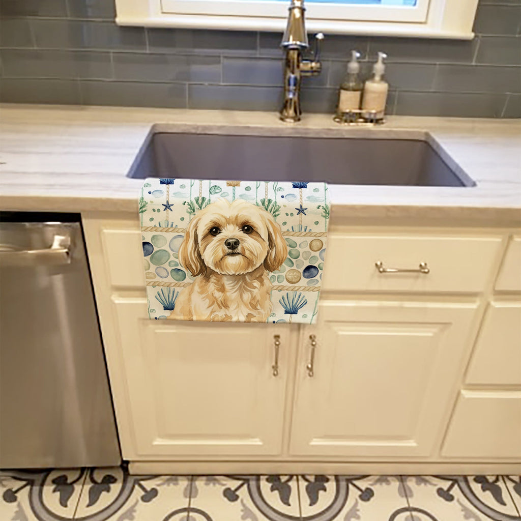 Cream Lhasa Apso Coastal Sea Glass Kitchen Towel Velour Plush Front and Cotton Loop Back Machine Washable