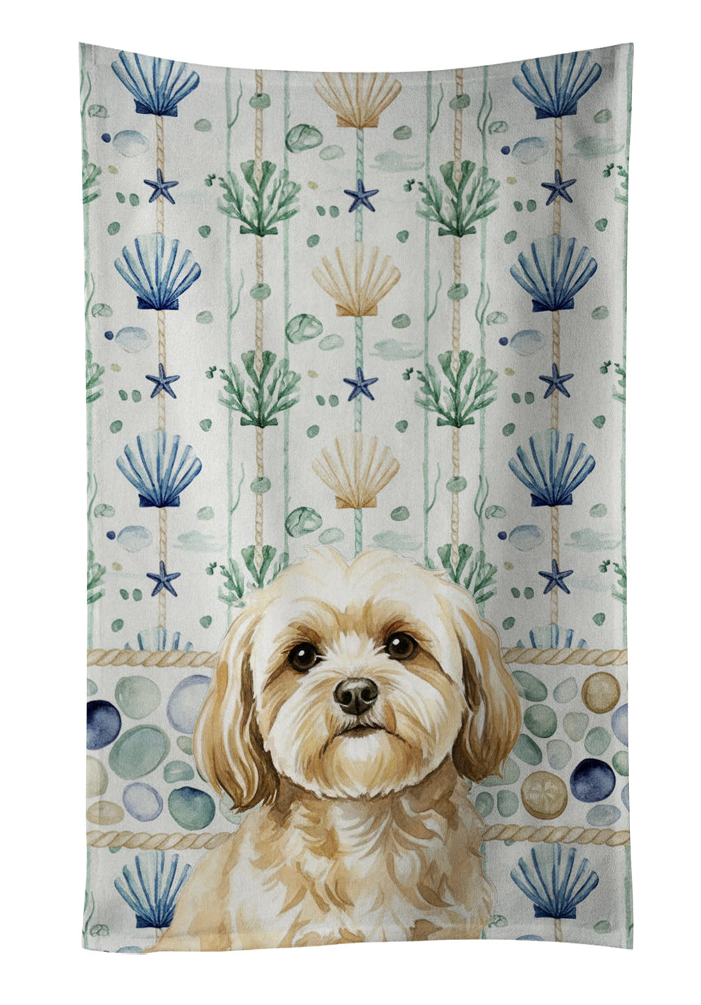 Cream Lhasa Apso Coastal Sea Glass Kitchen Towel Velour Plush Front and Cotton Loop Back Machine Washable