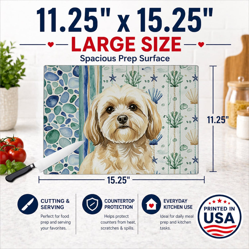 Cream Lhasa Apso Coastal Sea Glass Cutting Board Tempered Glass Kitchen Cutting Surface, Heat Resistant Chopping, Non-Slip Feet, Food Prep & Serving