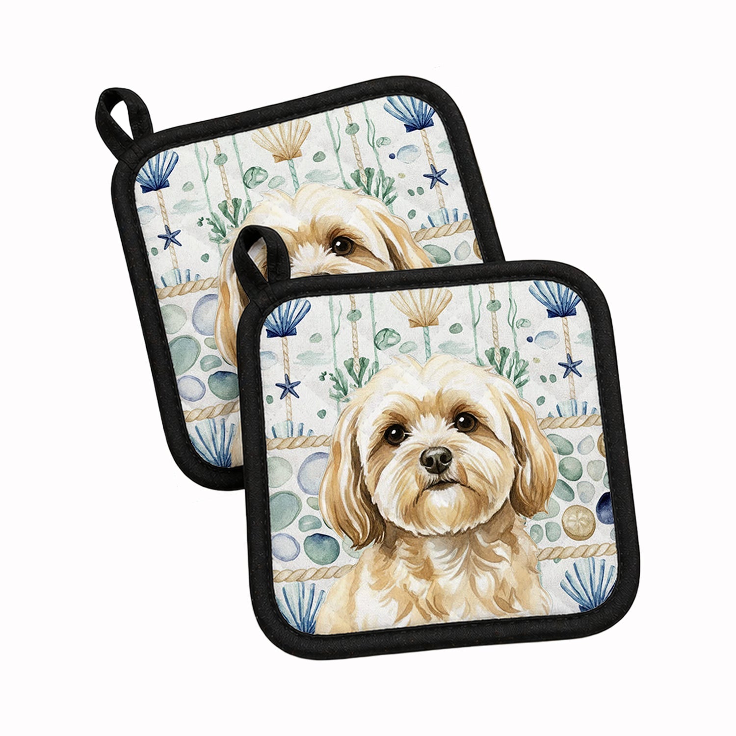 Cream Lhasa Apso Coastal Sea Glass Pot Holder Set of 2 Heat Resistant Quilted Hot Pads 7.5 x 7.5 Inch, Insulated Kitchen Trivets for Cooking & Baking