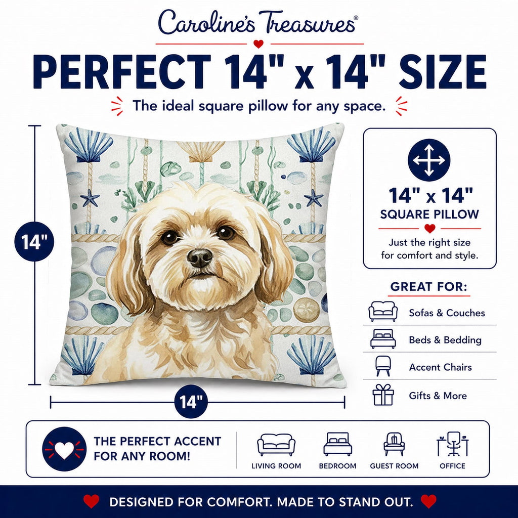 Cream Lhasa Apso Coastal Sea Glass Decorative Throw Pillow 14x14 Indoor Outdoor Accent Cushion, Fabric Cover with Insert for Sofa, Bed, Porch & Living Room