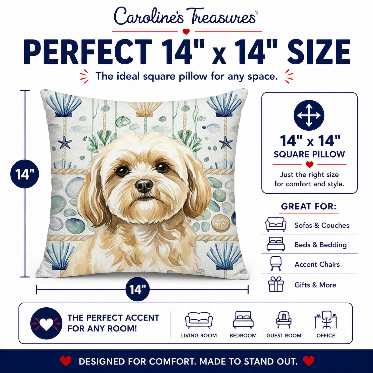 Cream Lhasa Apso Coastal Sea Glass Decorative Throw Pillow 14x14 Indoor Outdoor Accent Cushion, Fabric Cover with Insert for Sofa, Bed, Porch & Living Room