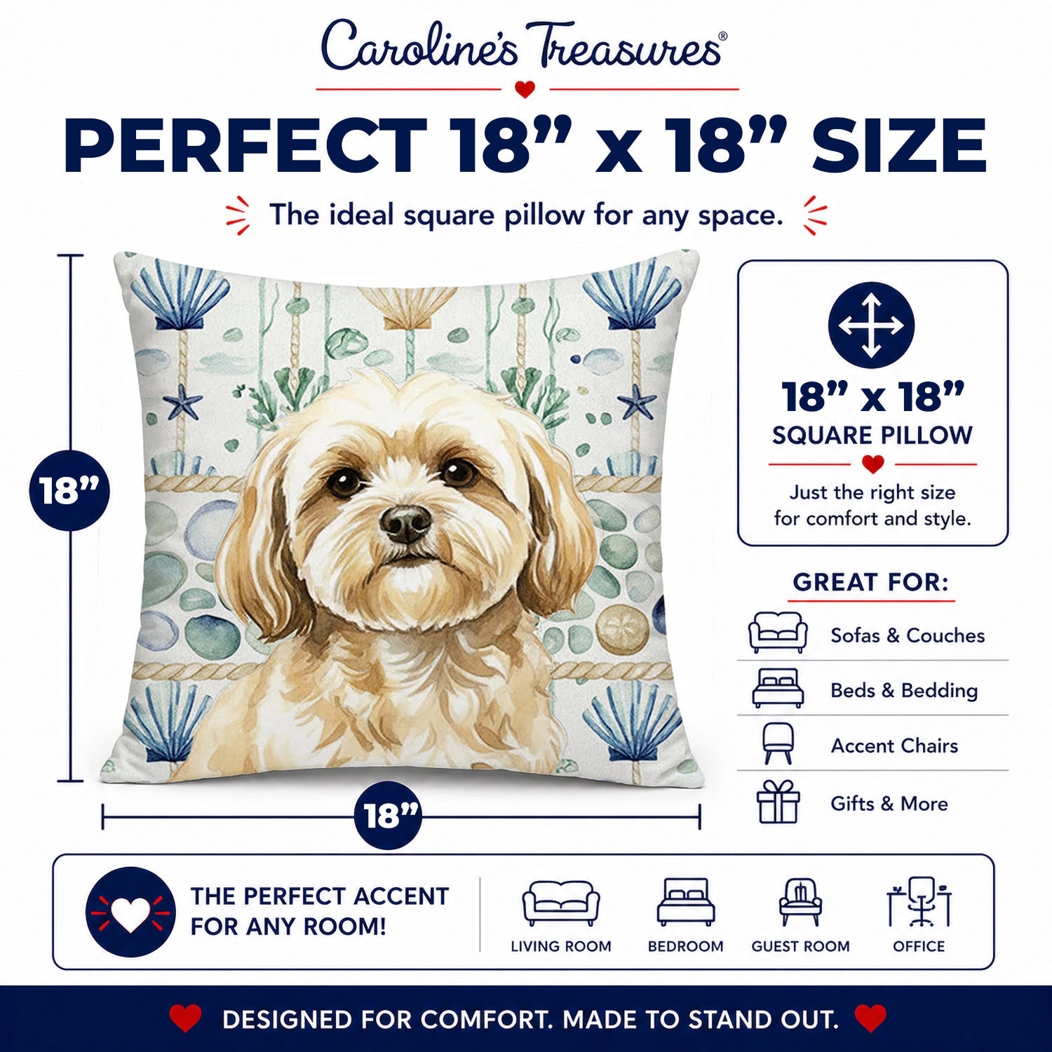 Cream Lhasa Apso Coastal Sea Glass Decorative Throw Pillow 18x18 Indoor Outdoor Accent Cushion, Fabric Cover with Insert for Sofa, Bed, Porch & Living Room