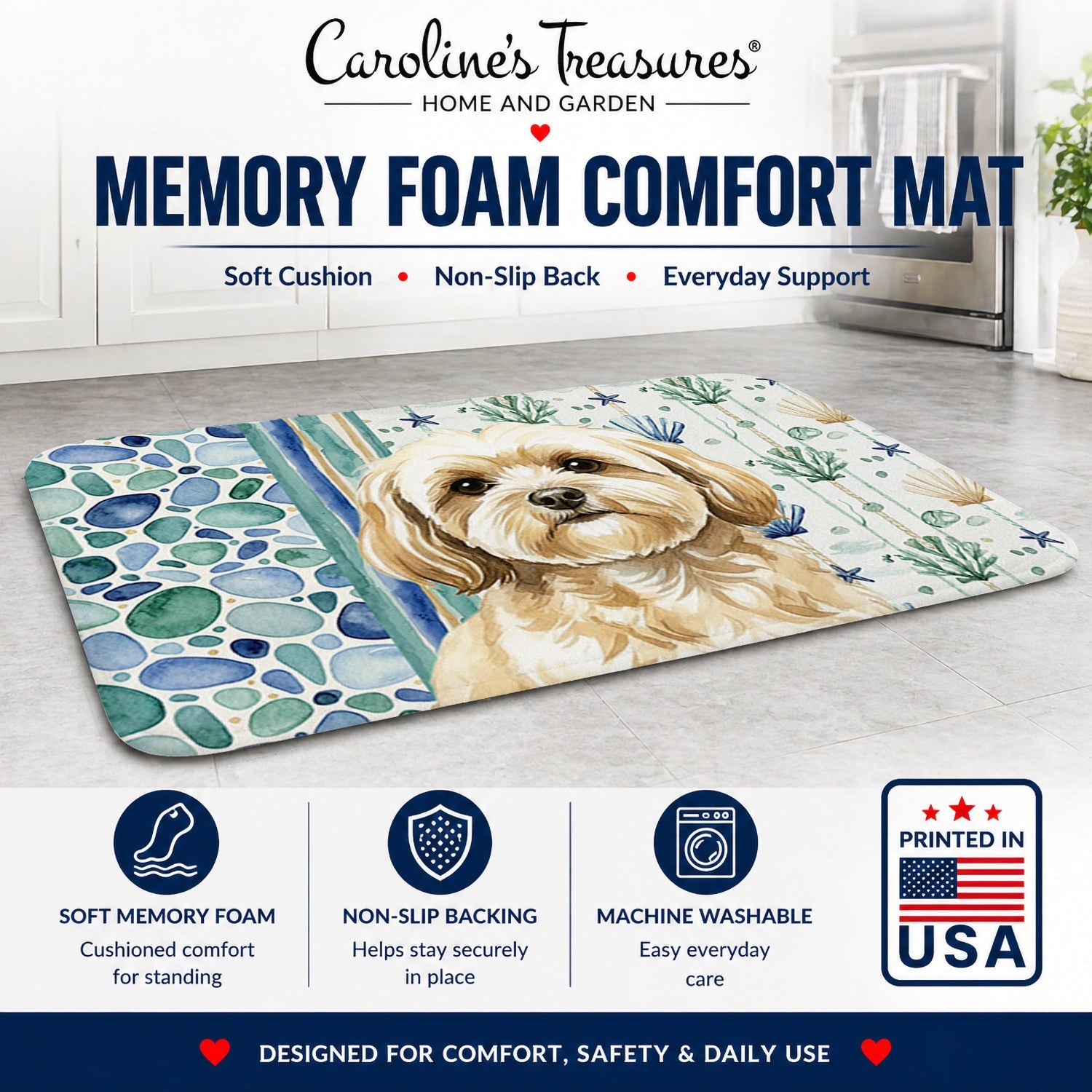 Cream Lhasa Apso Coastal Sea Glass Memory Foam Kitchen Mat Machine Washable Anti-Fatigue Cushion Comfort Bath or Kitchen Rug