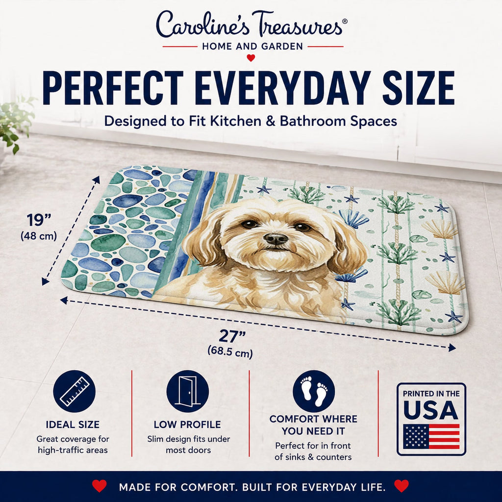 Cream Lhasa Apso Coastal Sea Glass Memory Foam Kitchen Mat Machine Washable Anti-Fatigue Cushion Comfort Bath or Kitchen Rug