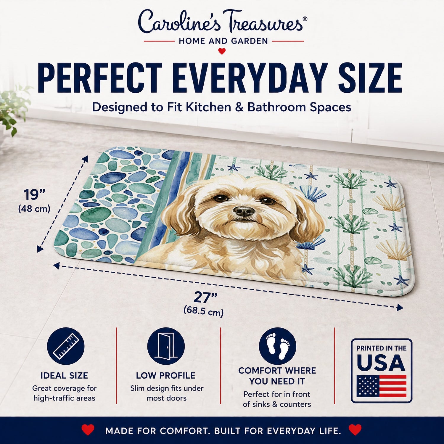 Cream Lhasa Apso Coastal Sea Glass Memory Foam Kitchen Mat Machine Washable Anti-Fatigue Cushion Comfort Bath or Kitchen Rug