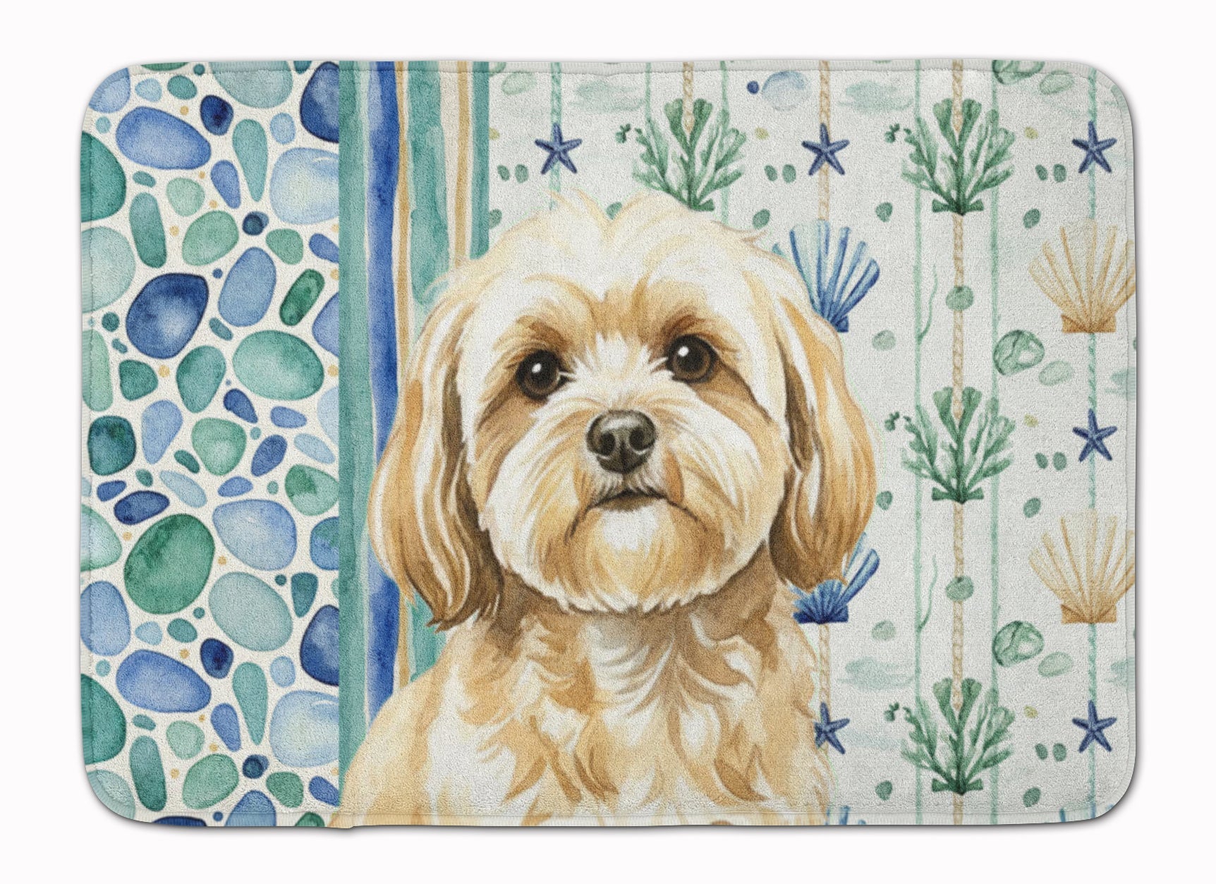 Cream Lhasa Apso Coastal Sea Glass Memory Foam Kitchen Mat Machine Washable Anti-Fatigue Cushion Comfort Bath or Kitchen Rug