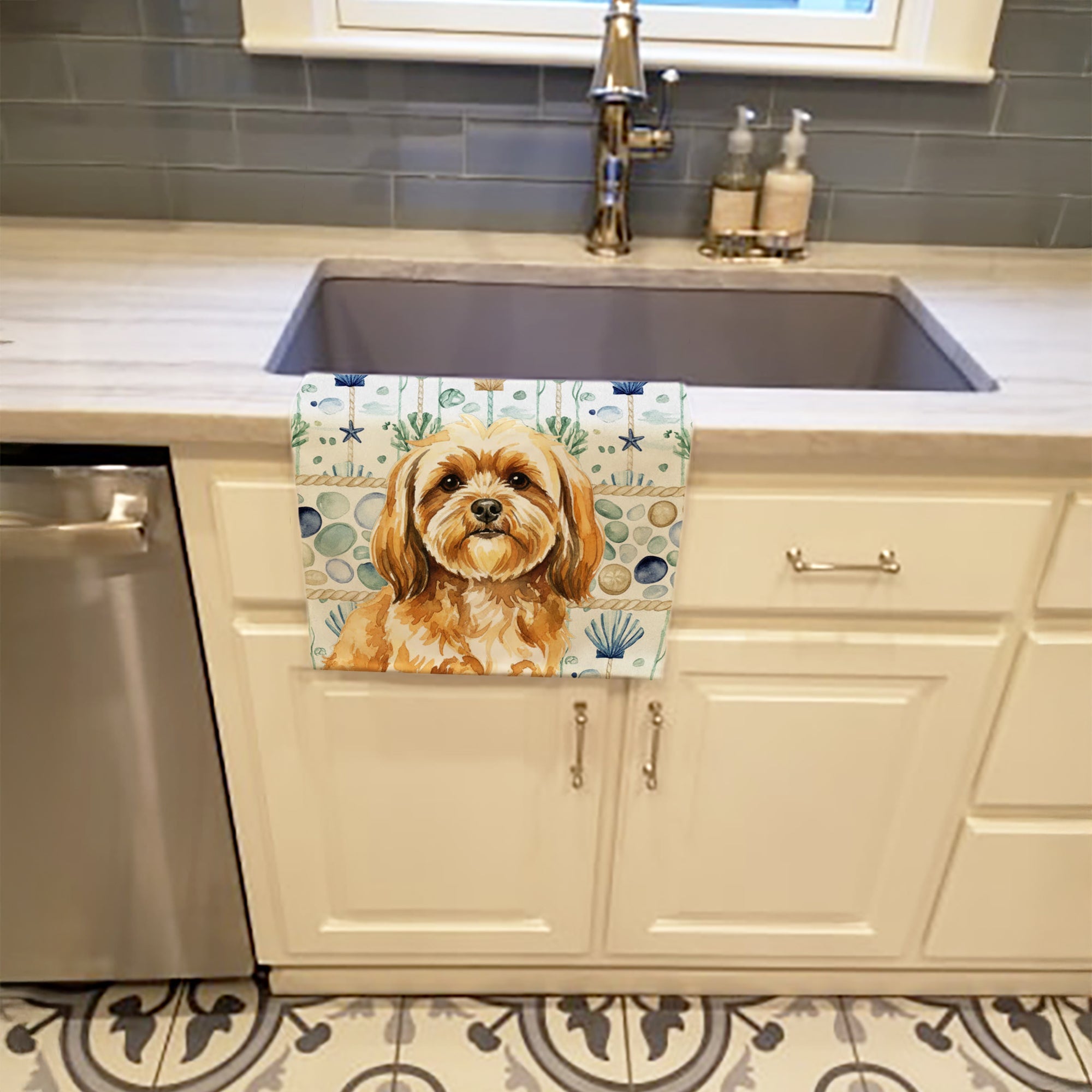 Gold Lhasa Apso Coastal Sea Glass Kitchen Towel Velour Plush Front and Cotton Loop Back Machine Washable