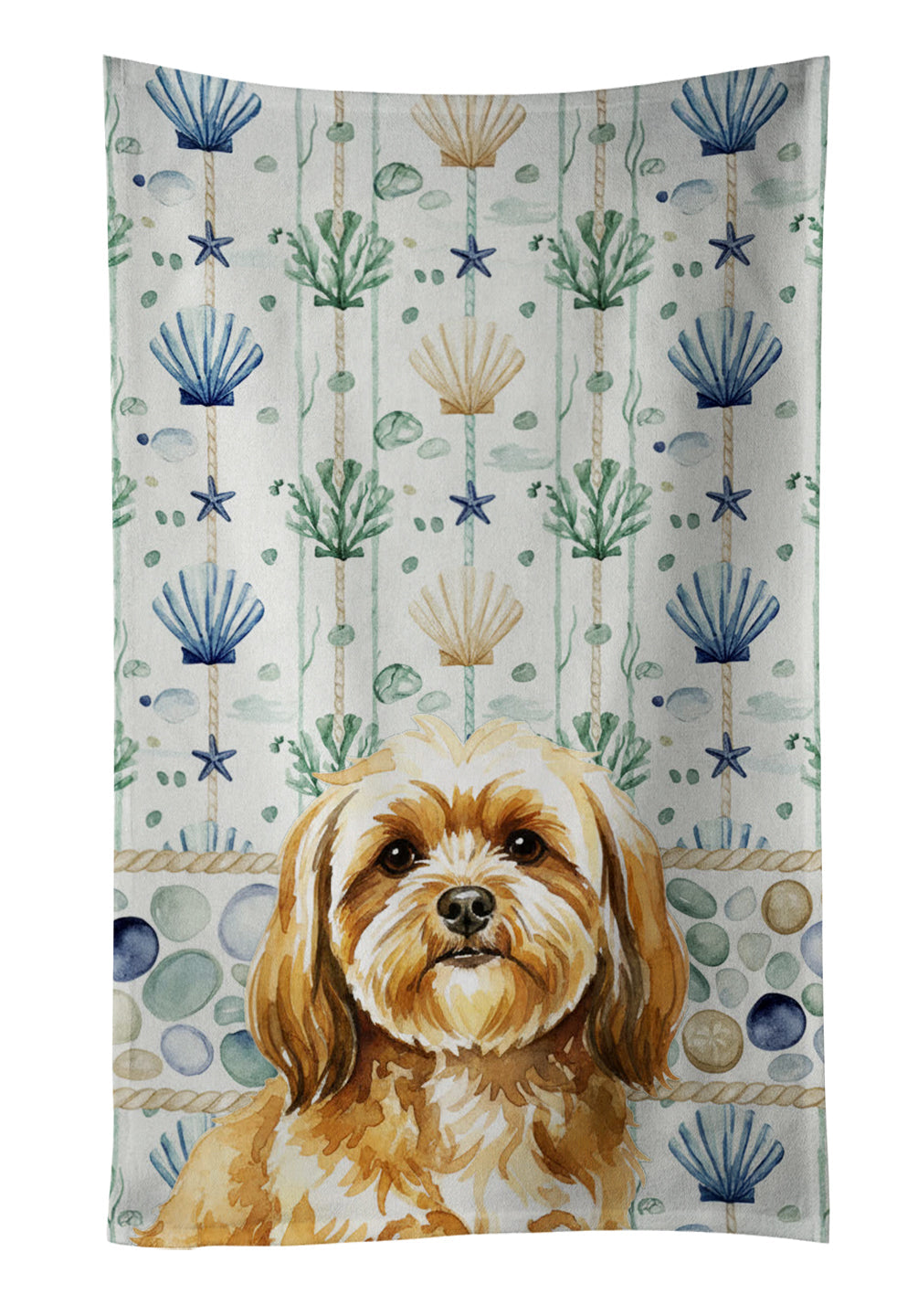 Gold Lhasa Apso Coastal Sea Glass Kitchen Towel Velour Plush Front and Cotton Loop Back Machine Washable