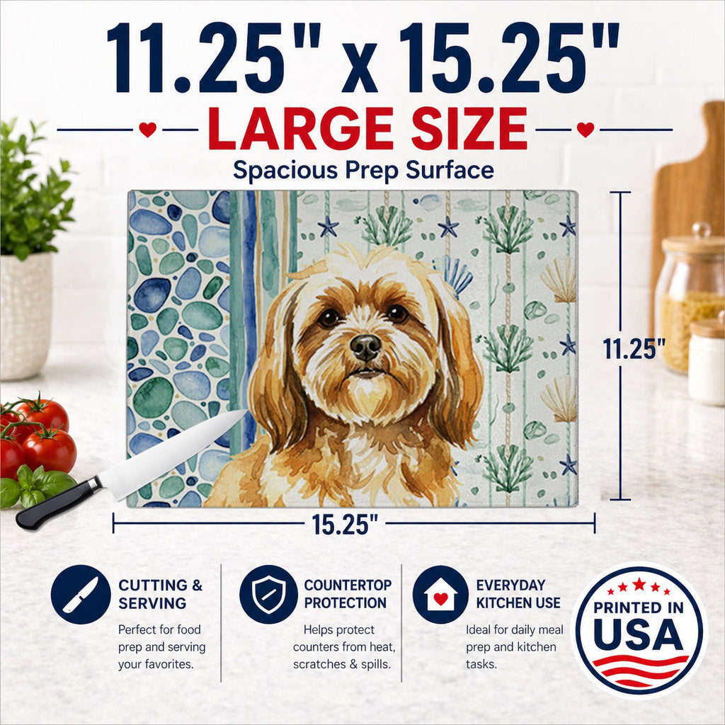 Gold Lhasa Apso Coastal Sea Glass Cutting Board Tempered Glass Kitchen Cutting Surface, Heat Resistant Chopping, Non-Slip Feet, Food Prep & Serving