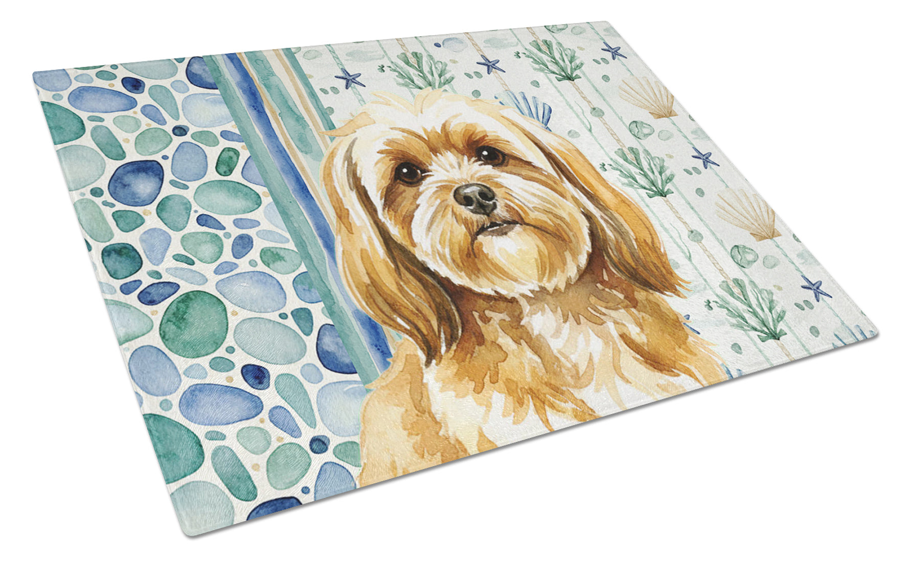 Gold Lhasa Apso Coastal Sea Glass Cutting Board Tempered Glass Kitchen Cutting Surface, Heat Resistant Chopping, Non-Slip Feet, Food Prep & Serving