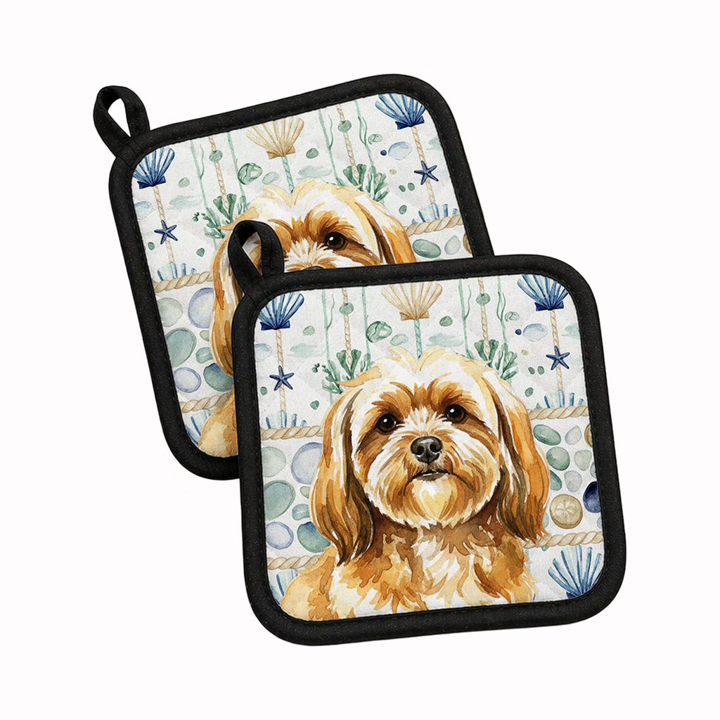 Gold Lhasa Apso Coastal Sea Glass Pot Holder Set of 2 Heat Resistant Quilted Hot Pads 7.5 x 7.5 Inch, Insulated Kitchen Trivets for Cooking & Baking