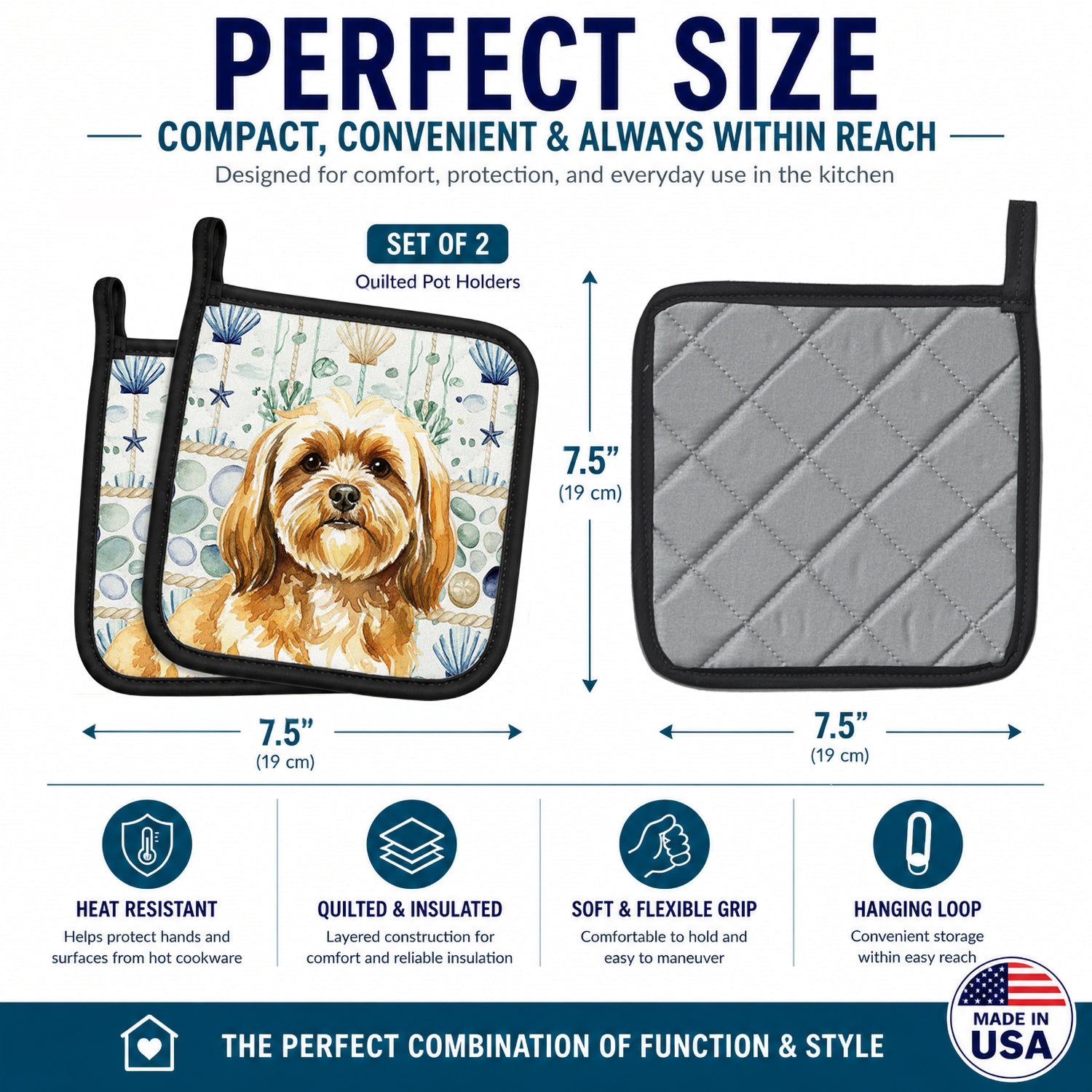 Gold Lhasa Apso Coastal Sea Glass Pot Holder Set of 2 Heat Resistant Quilted Hot Pads 7.5 x 7.5 Inch, Insulated Kitchen Trivets for Cooking & Baking