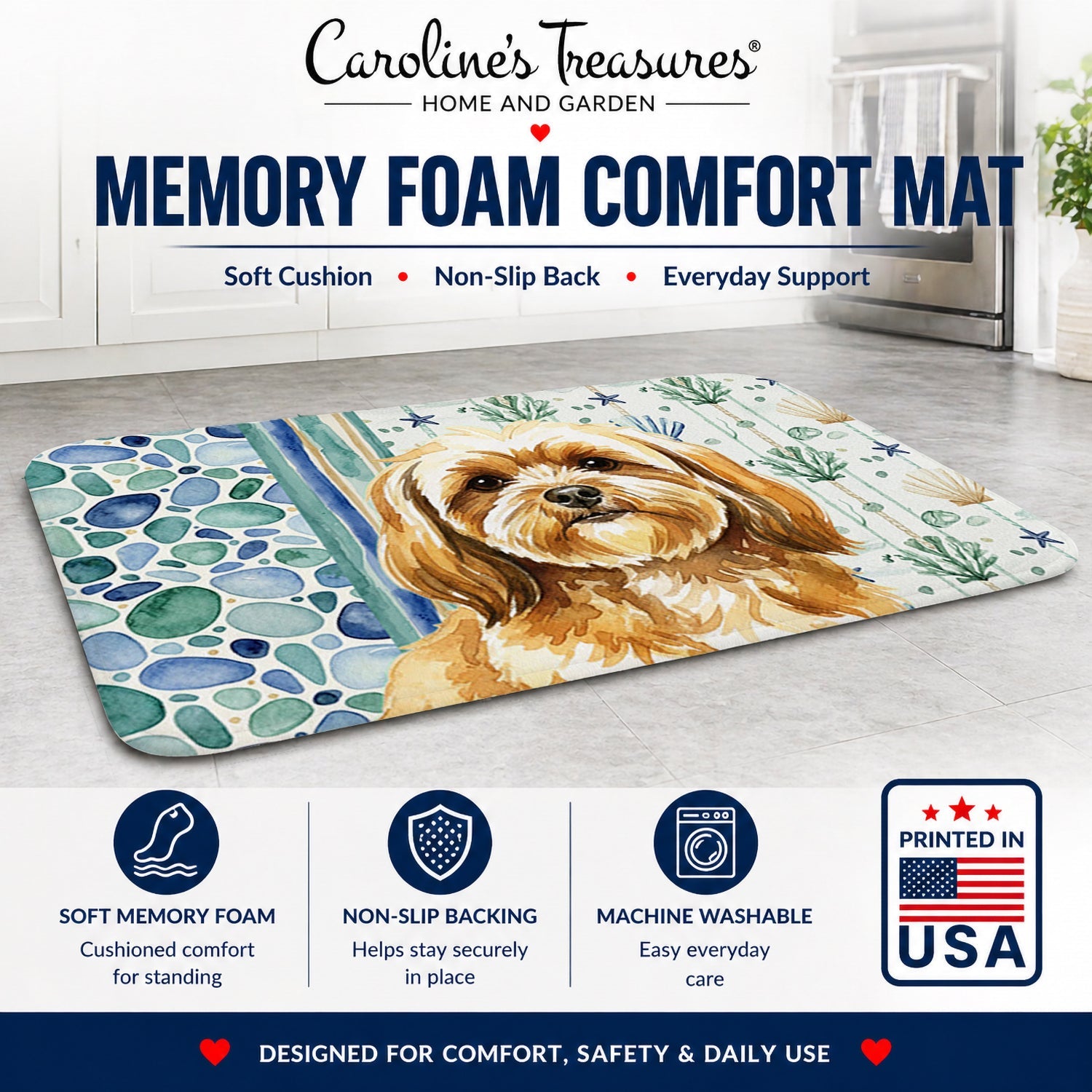 Gold Lhasa Apso Coastal Sea Glass Memory Foam Kitchen Mat Machine Washable Anti-Fatigue Cushion Comfort Bath or Kitchen Rug
