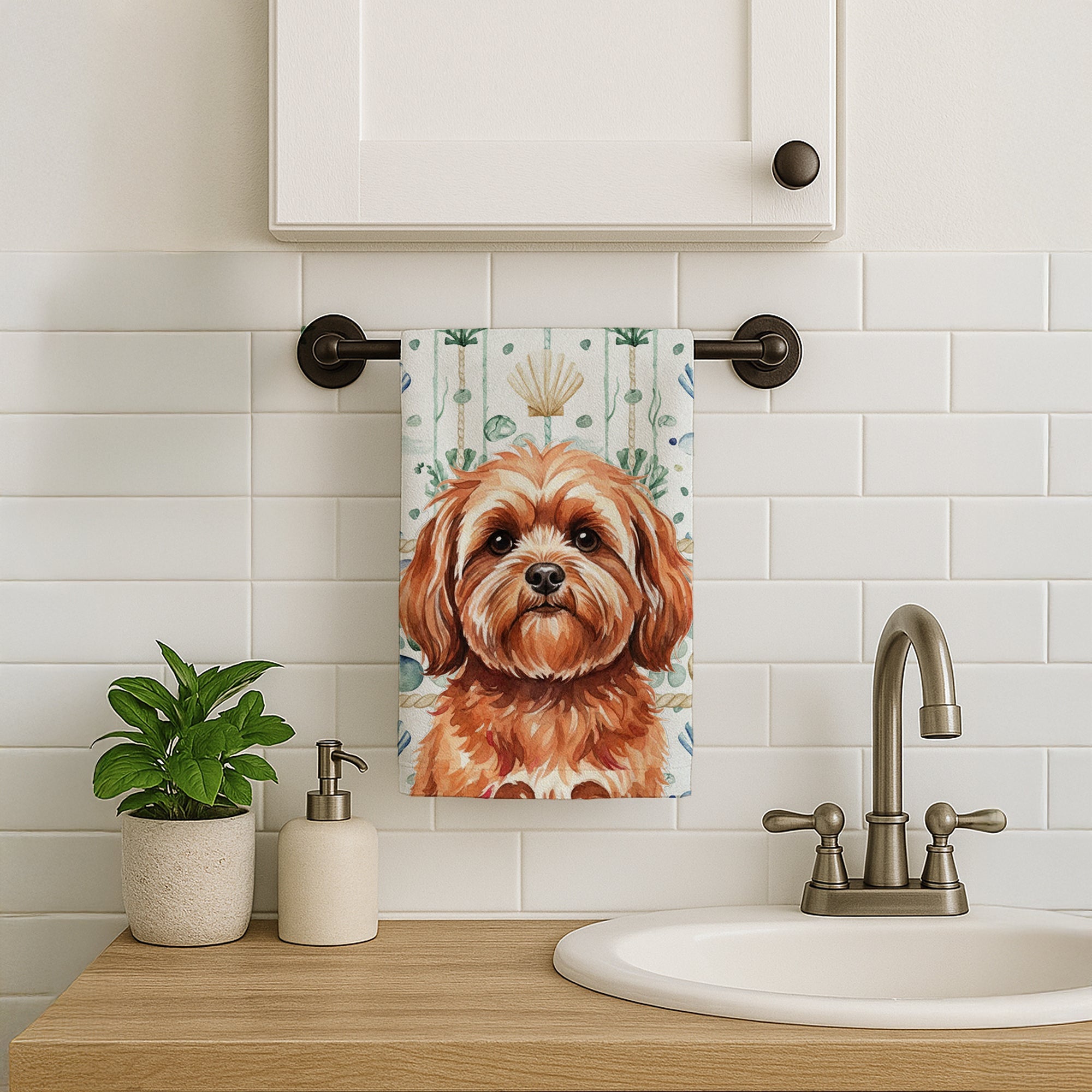 Red Lhasa Apso Coastal Sea Glass Kitchen Towel Velour Plush Front and Cotton Loop Back Machine Washable