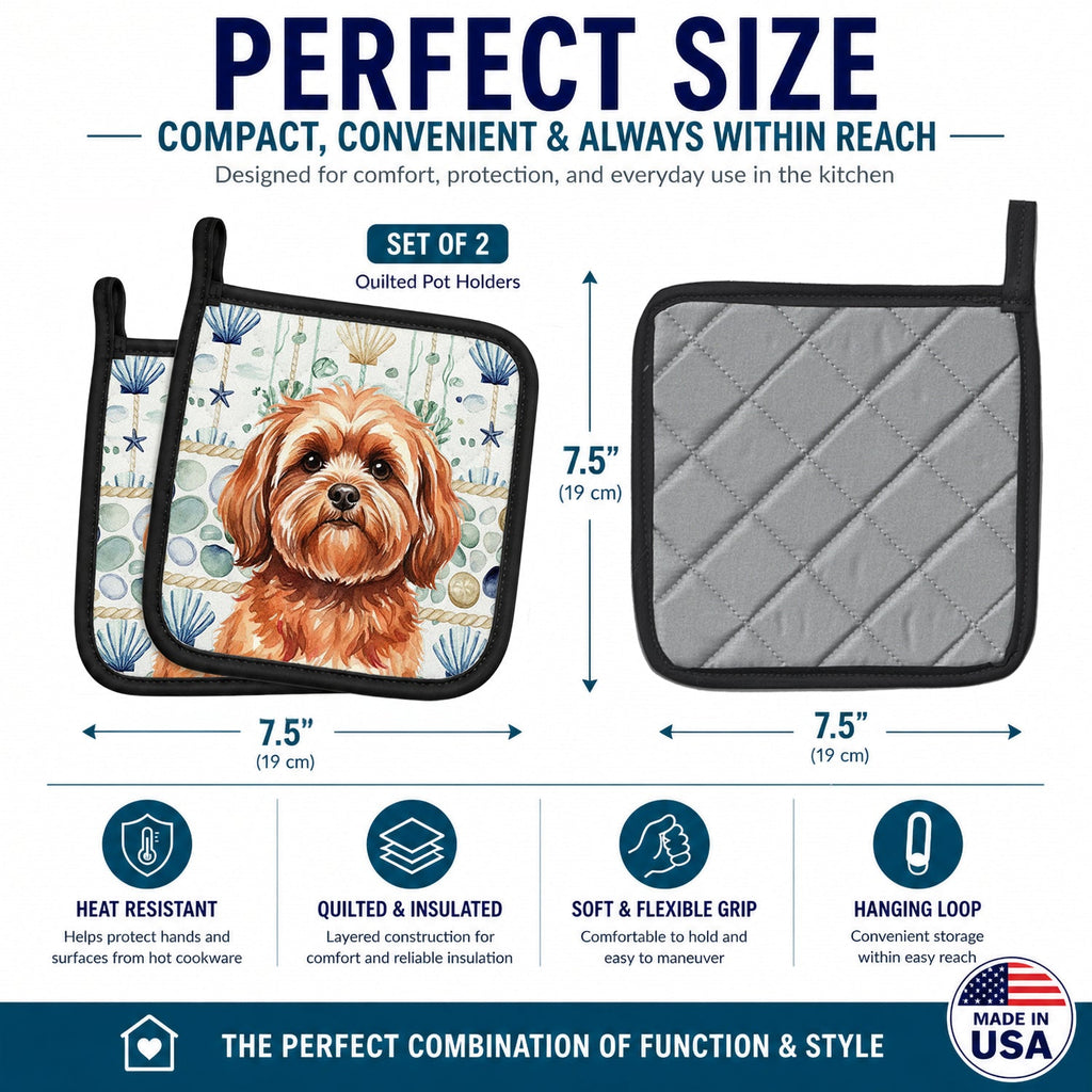 Red Lhasa Apso Coastal Sea Glass Pot Holder Set of 2 Heat Resistant Quilted Hot Pads 7.5 x 7.5 Inch, Insulated Kitchen Trivets for Cooking & Baking