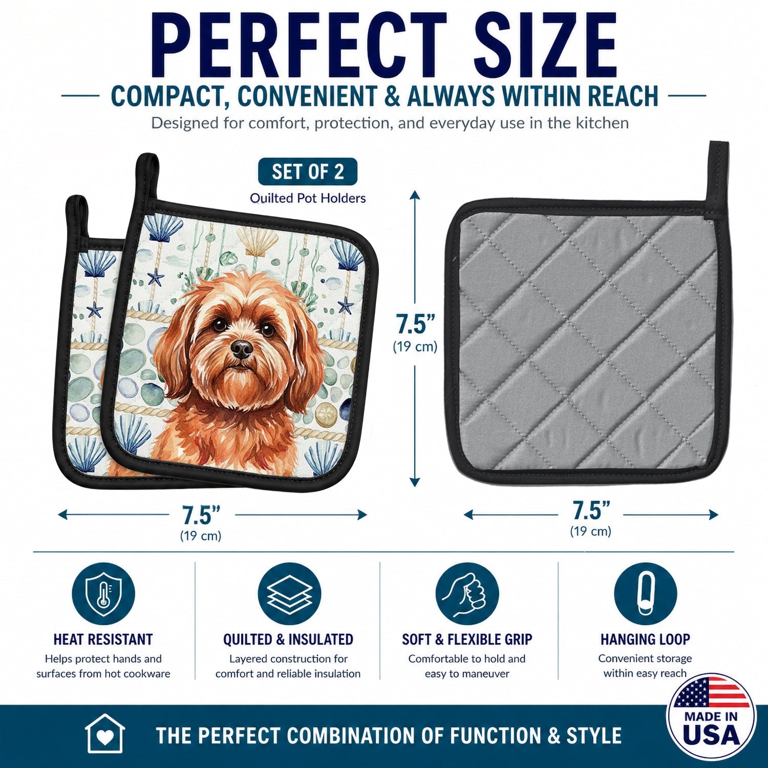Red Lhasa Apso Coastal Sea Glass Pot Holder Set of 2 Heat Resistant Quilted Hot Pads 7.5 x 7.5 Inch, Insulated Kitchen Trivets for Cooking & Baking