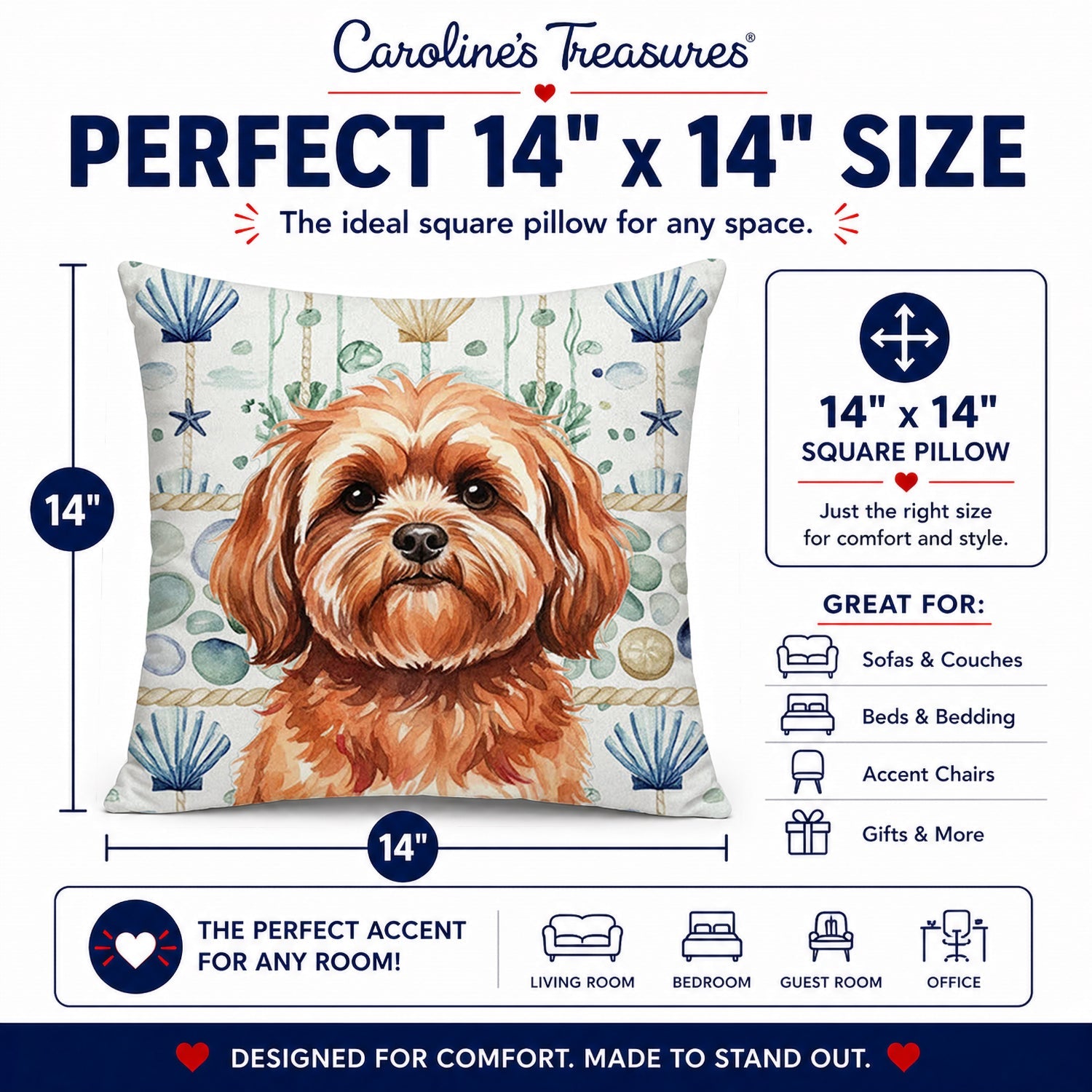 Red Lhasa Apso Coastal Sea Glass Decorative Throw Pillow 14x14 Indoor Outdoor Accent Cushion, Fabric Cover with Insert for Sofa, Bed, Porch & Living Room