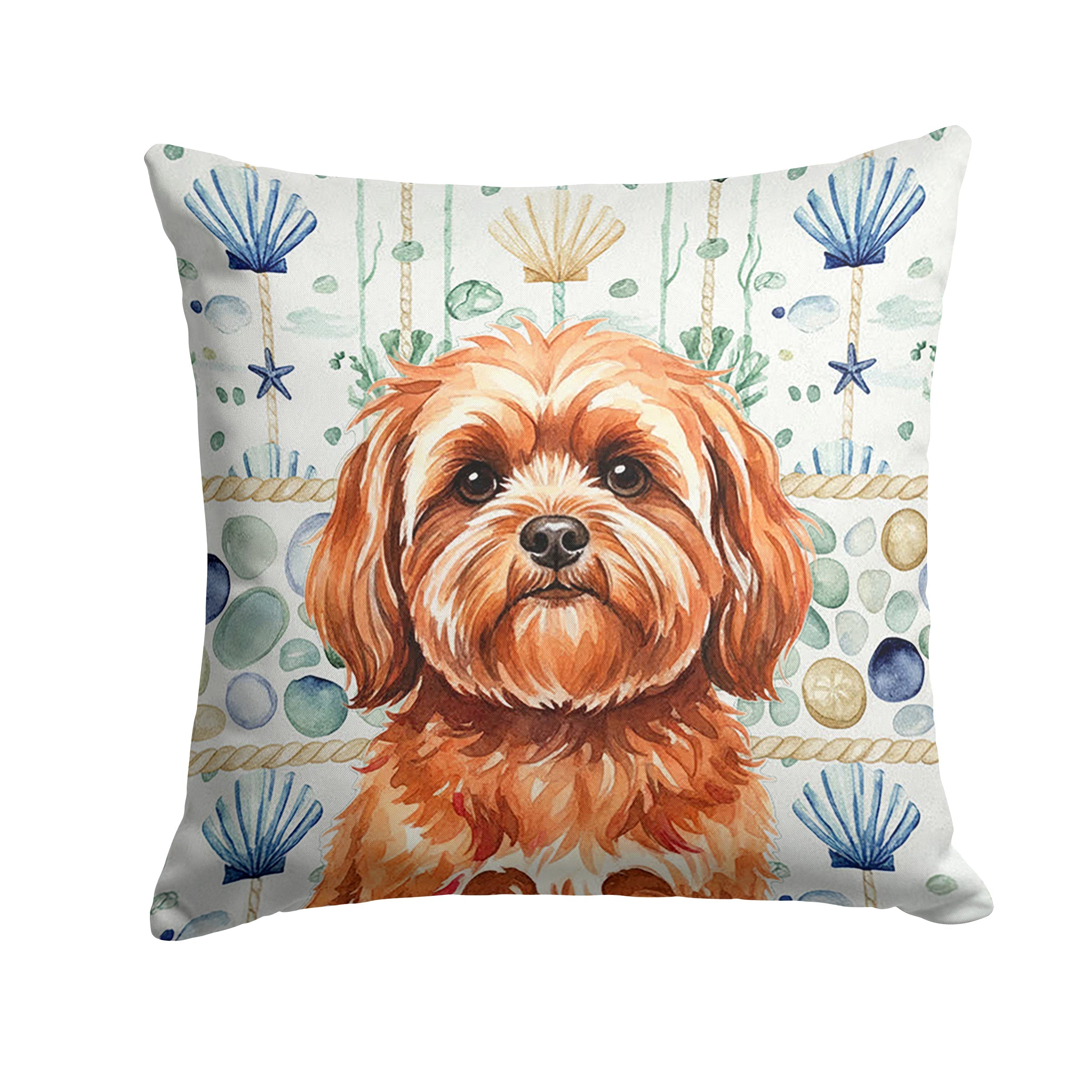 Red Lhasa Apso Coastal Sea Glass Decorative Throw Pillow 14x14 Indoor Outdoor Accent Cushion, Fabric Cover with Insert for Sofa, Bed, Porch & Living Room