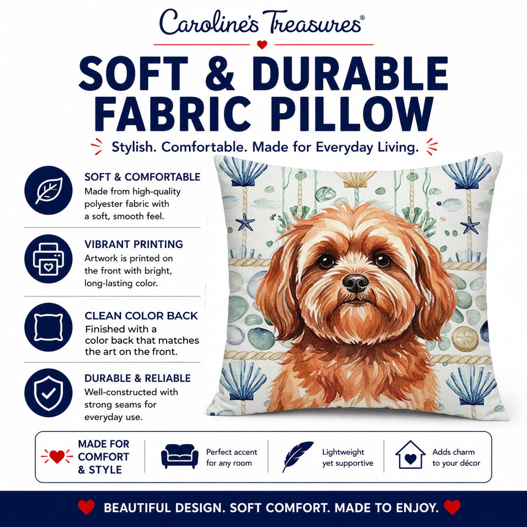Red Lhasa Apso Coastal Sea Glass Decorative Throw Pillow 18x18 Indoor Outdoor Accent Cushion, Fabric Cover with Insert for Sofa, Bed, Porch & Living Room