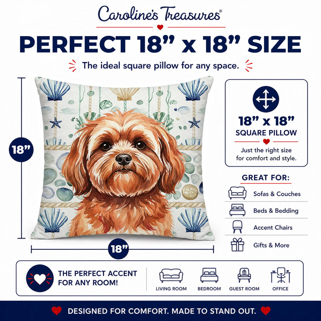 Red Lhasa Apso Coastal Sea Glass Decorative Throw Pillow 18x18 Indoor Outdoor Accent Cushion, Fabric Cover with Insert for Sofa, Bed, Porch & Living Room