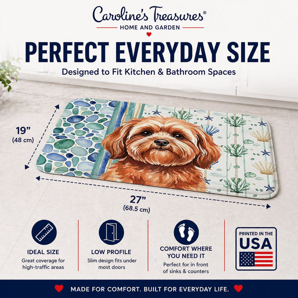 Red Lhasa Apso Coastal Sea Glass Memory Foam Kitchen Mat Machine Washable Anti-Fatigue Cushion Comfort Bath or Kitchen Rug