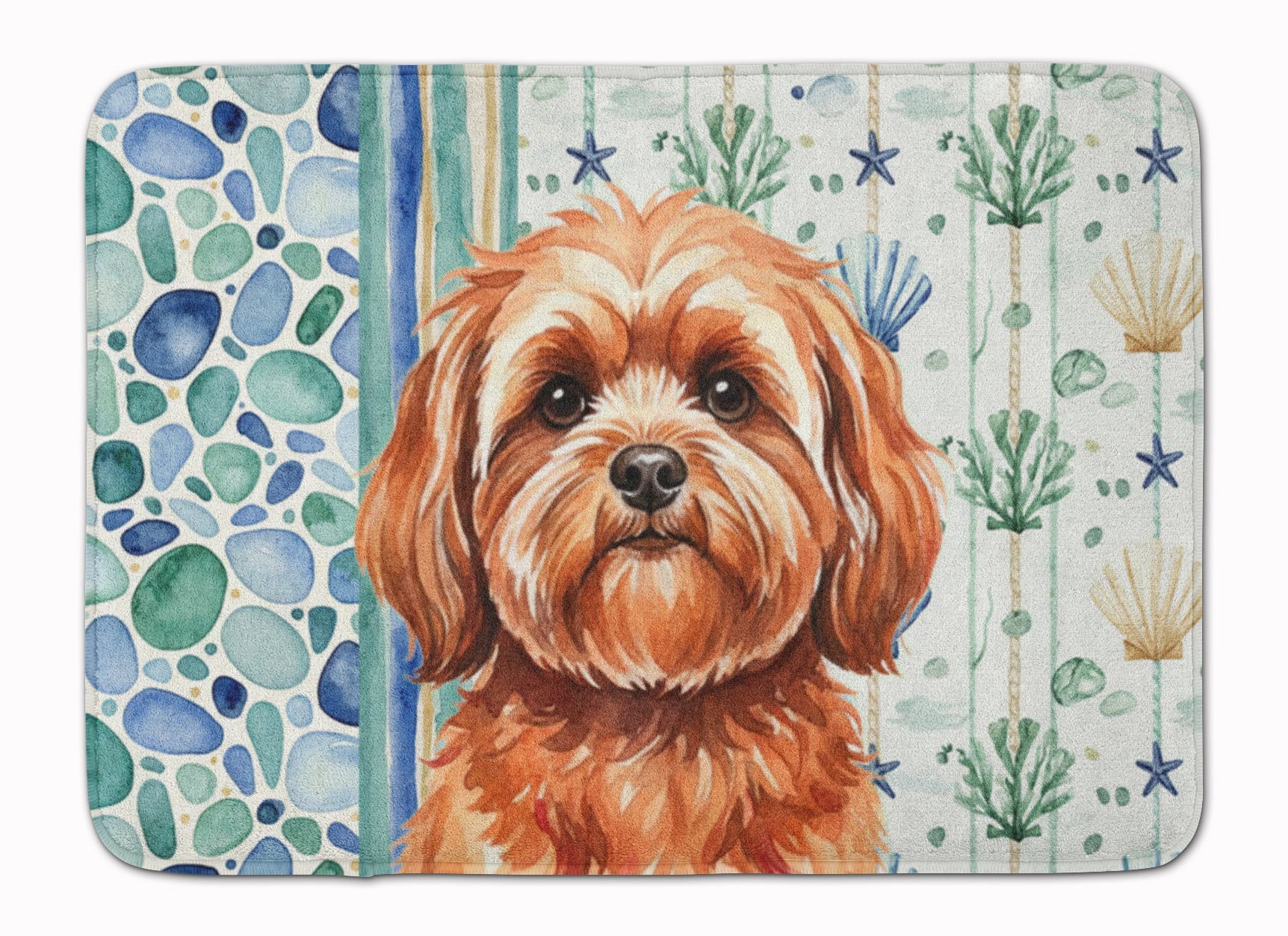 Red Lhasa Apso Coastal Sea Glass Memory Foam Kitchen Mat Machine Washable Anti-Fatigue Cushion Comfort Bath or Kitchen Rug
