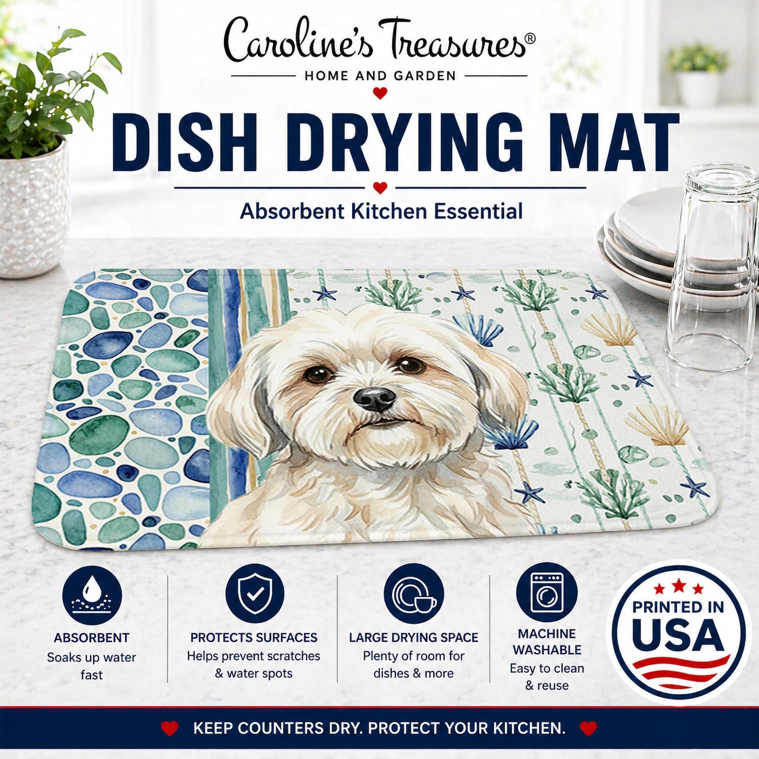White Lhasa Apso Coastal Sea Glass Dish Drying Mat Absorbent Dish Drying Mat Pad for Kitchen Counter Dish Drainer Mat for Countertop, 14 x 21", Multicolor