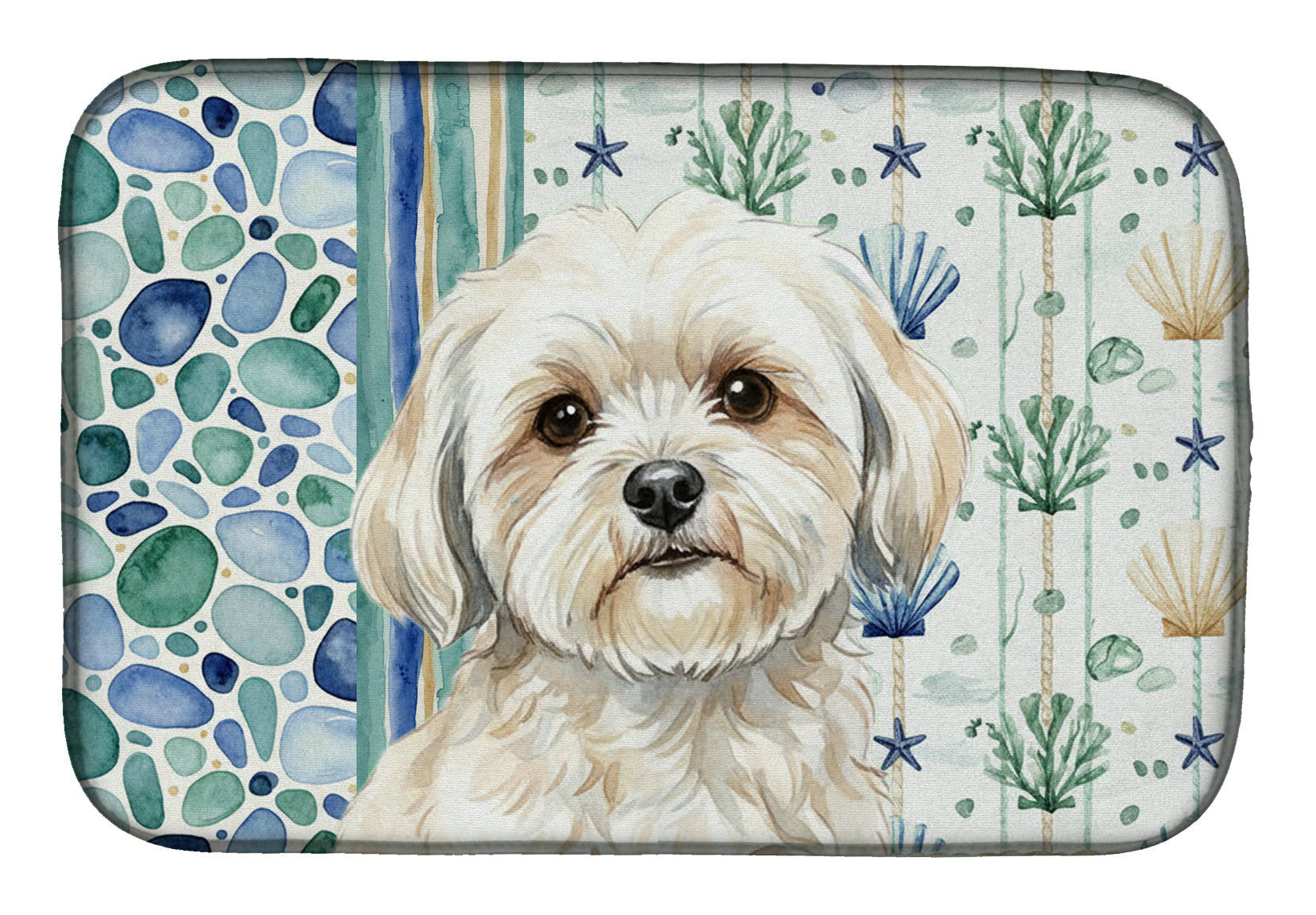 White Lhasa Apso Coastal Sea Glass Dish Drying Mat Absorbent Dish Drying Mat Pad for Kitchen Counter Dish Drainer Mat for Countertop, 14 x 21", Multicolor