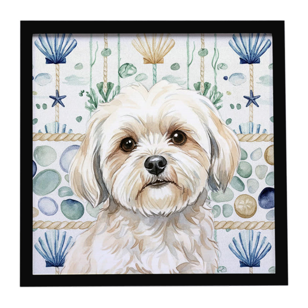White Lhasa Apso Coastal Sea Glass Framed Metal Print Bathroom, Kitchen, Office, Home Decor Wall Art Ready to Hang, Square, 8X8