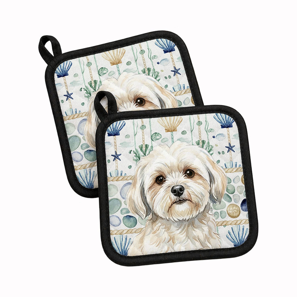 White Lhasa Apso Coastal Sea Glass Pot Holder Set of 2 Heat Resistant Quilted Hot Pads 7.5 x 7.5 Inch, Insulated Kitchen Trivets for Cooking & Baking