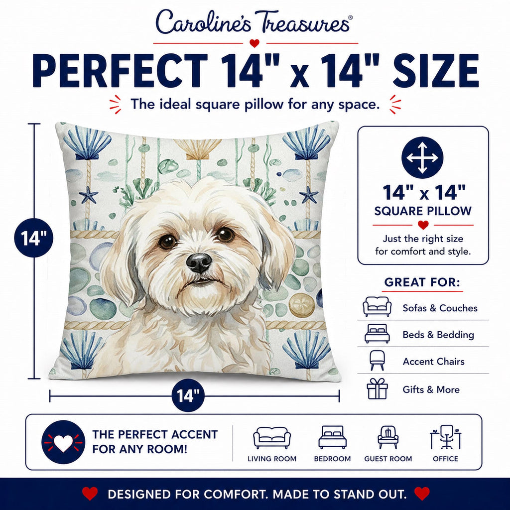 White Lhasa Apso Coastal Sea Glass Decorative Throw Pillow 14x14 Indoor Outdoor Accent Cushion, Fabric Cover with Insert for Sofa, Bed, Porch & Living Room
