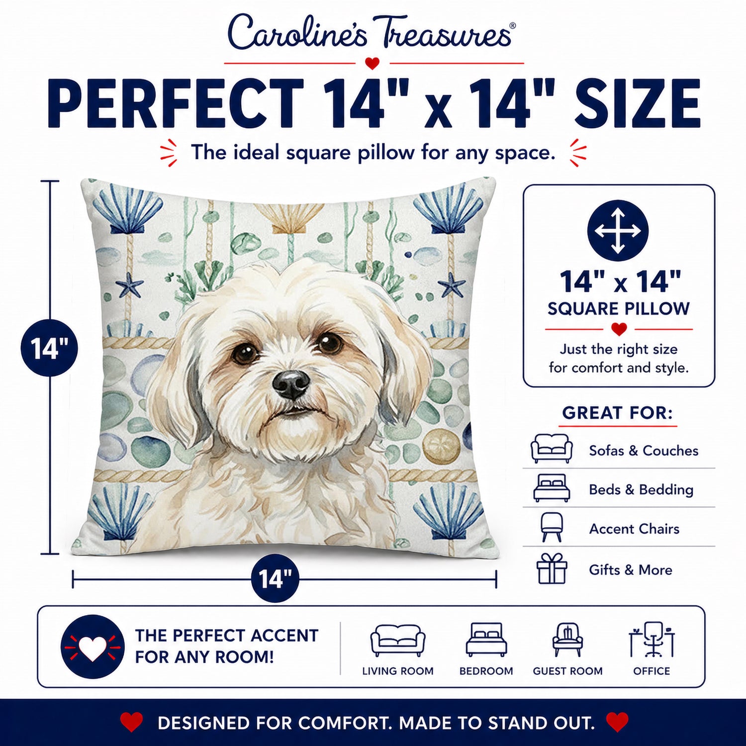 White Lhasa Apso Coastal Sea Glass Decorative Throw Pillow 14x14 Indoor Outdoor Accent Cushion, Fabric Cover with Insert for Sofa, Bed, Porch & Living Room