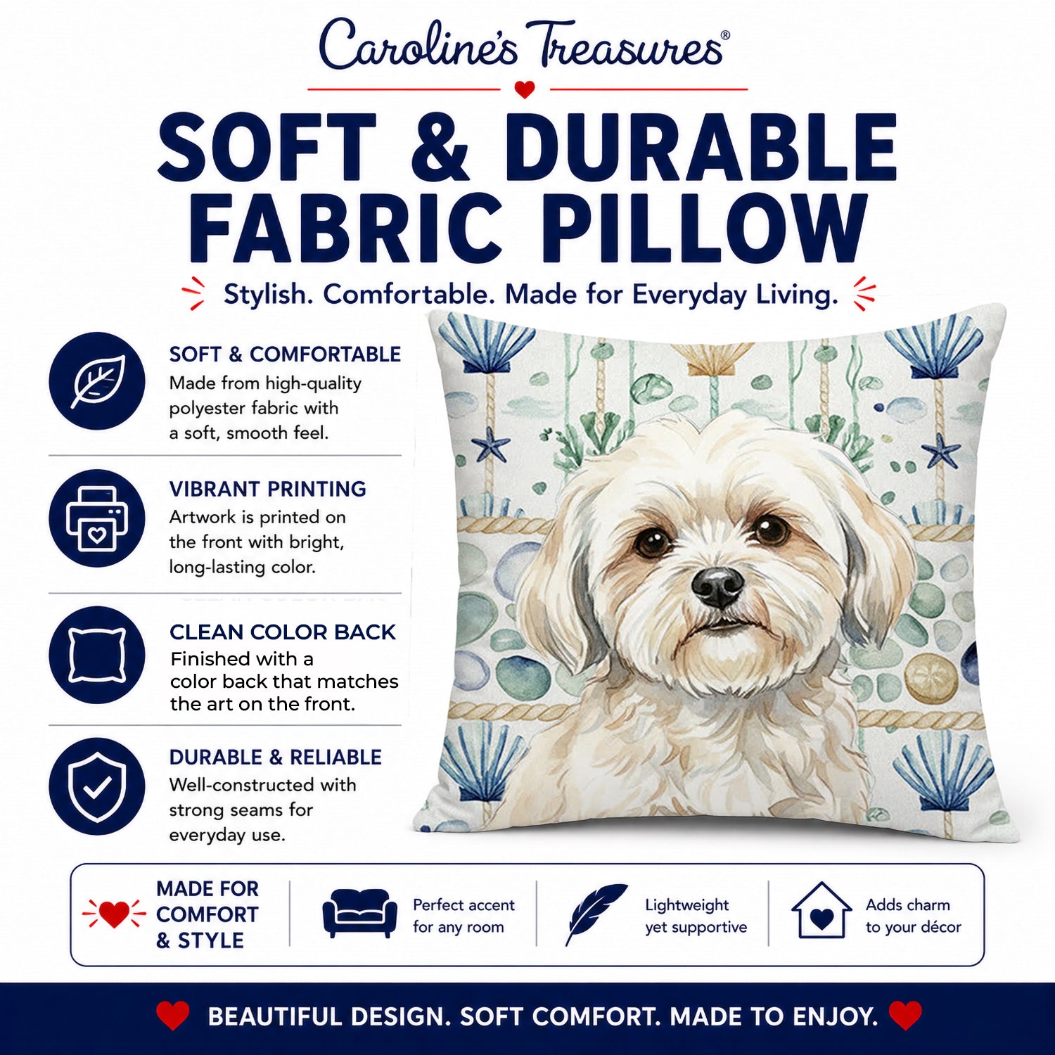 White Lhasa Apso Coastal Sea Glass Decorative Throw Pillow 18x18 Indoor Outdoor Accent Cushion, Fabric Cover with Insert for Sofa, Bed, Porch & Living Room