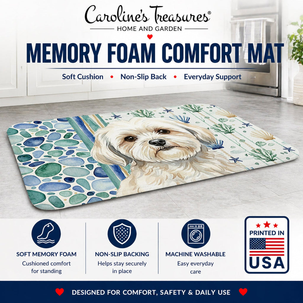 White Lhasa Apso Coastal Sea Glass Memory Foam Kitchen Mat Machine Washable Anti-Fatigue Cushion Comfort Bath or Kitchen Rug
