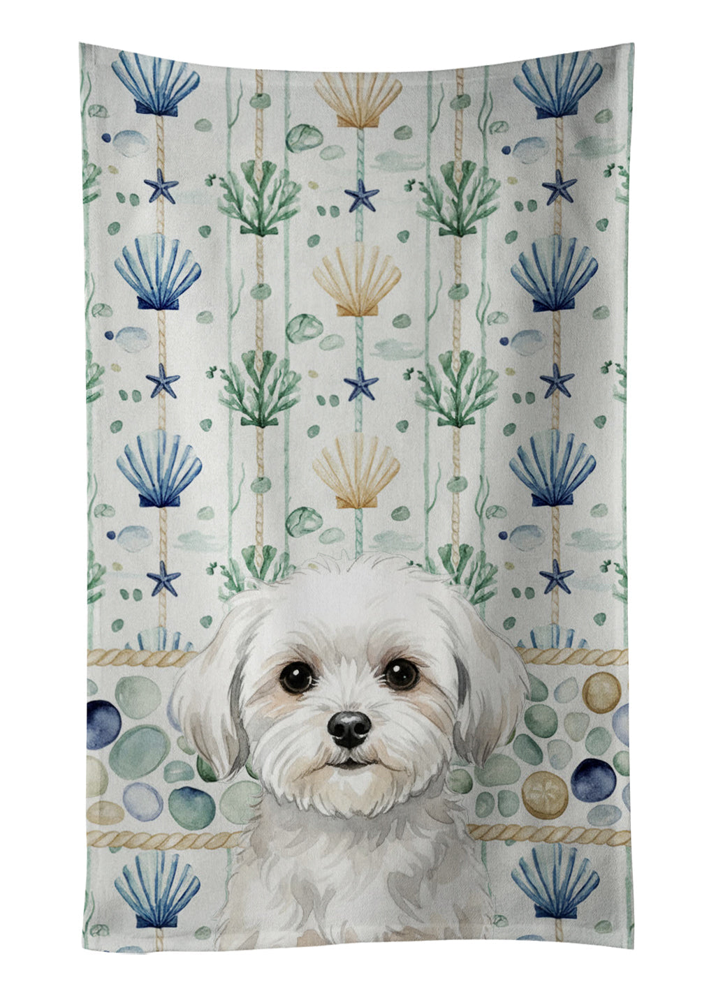 Maltese Coastal Sea Glass Kitchen Towel Velour Plush Front and Cotton Loop Back Machine Washable