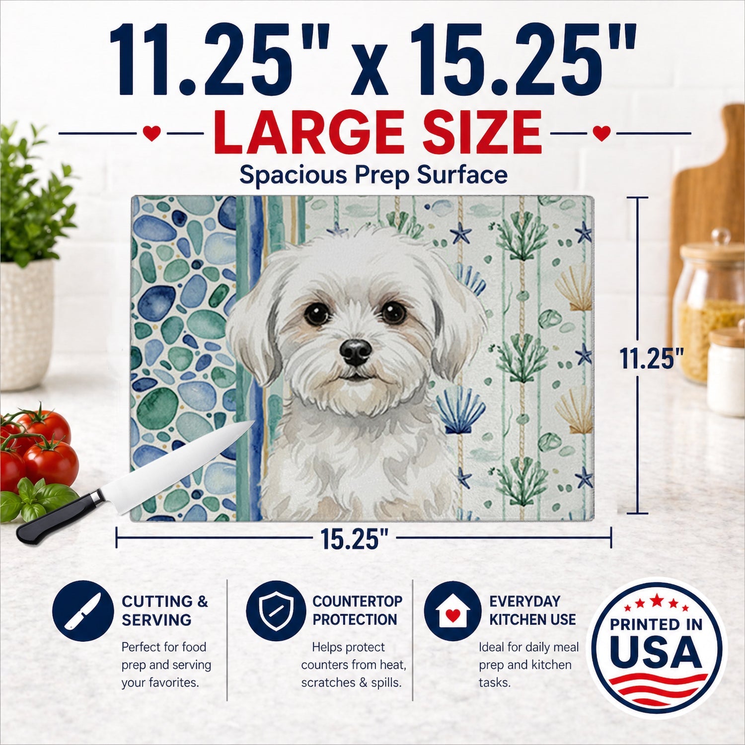 Maltese Coastal Sea Glass Cutting Board Tempered Glass Kitchen Cutting Surface, Heat Resistant Chopping, Non-Slip Feet, Food Prep & Serving
