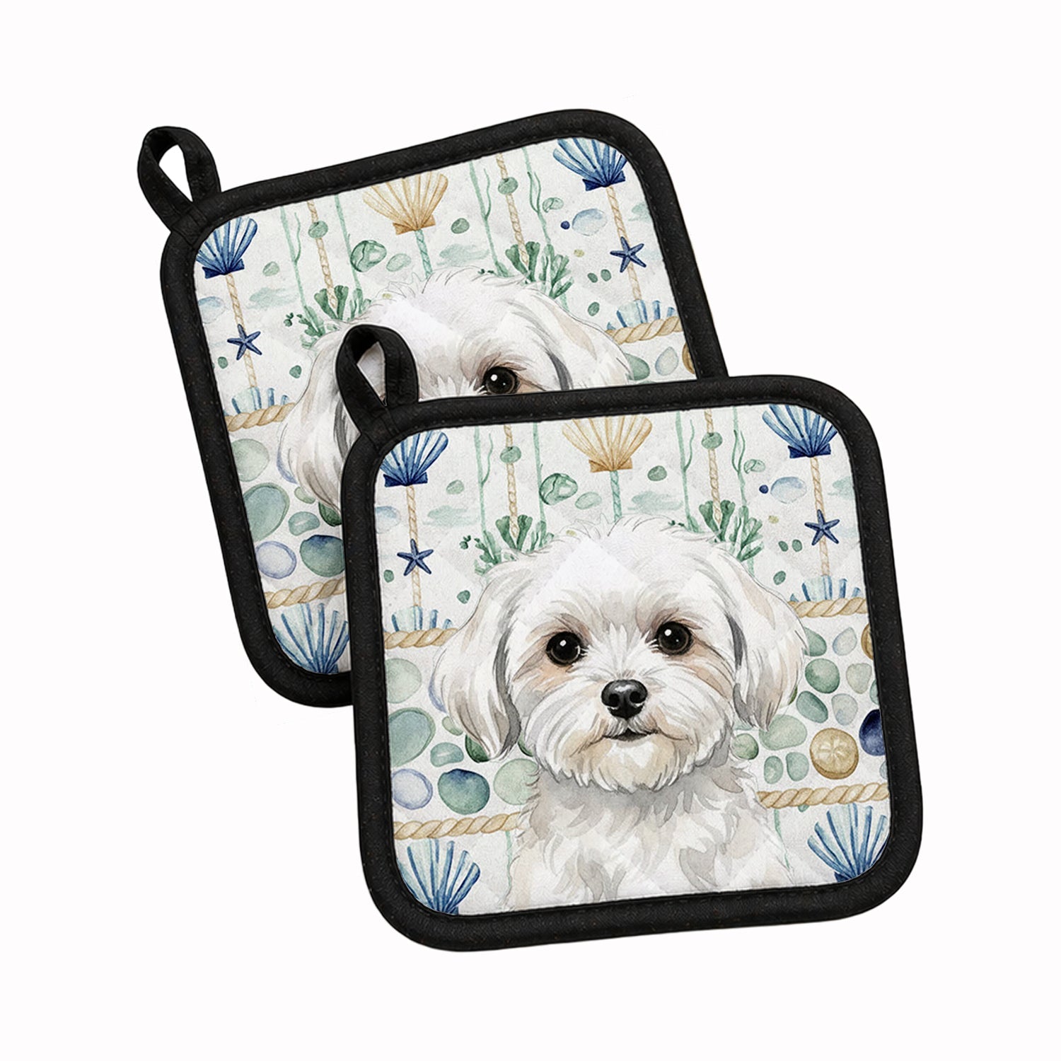Maltese Coastal Sea Glass Pot Holder Set of 2 Heat Resistant Quilted Hot Pads 7.5 x 7.5 Inch, Insulated Kitchen Trivets for Cooking & Baking