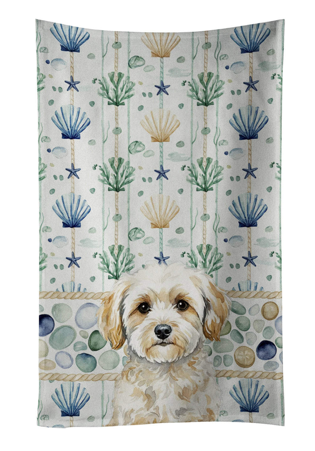 Maltipoo Coastal Sea Glass Kitchen Towel Velour Plush Front and Cotton Loop Back Machine Washable